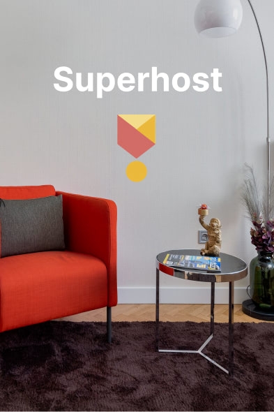 Superhost badge with the apartment's interior in the background.