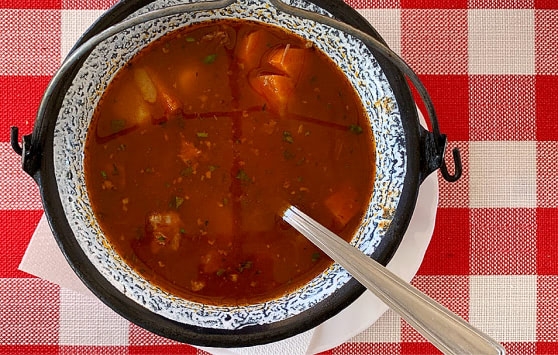 Hungarian goulash soup served in a traditional enamel pot.